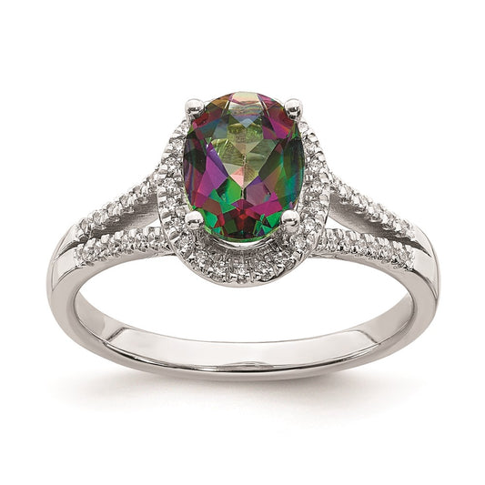 Solid 14k White Gold Mystic Fire Simulated CZ Halo Complete Engagement Ring