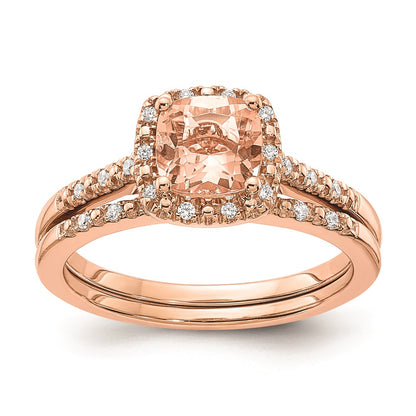 Solid 14k Rose Gold Morganite Simulated CZ Halo Complete Engagement Ring