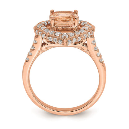 Solid 14k Rose Gold Morganite Simulated CZ Halo Complete Engagement Ring