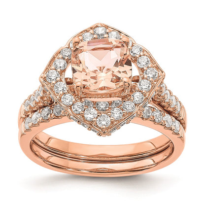Solid 14k Rose Gold Morganite Simulated CZ Halo Complete Engagement Ring