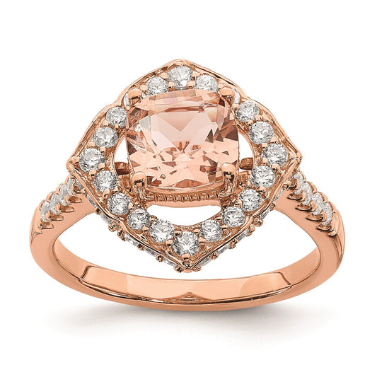 Solid 14k Rose Gold Morganite Simulated CZ Halo Complete Engagement Ring