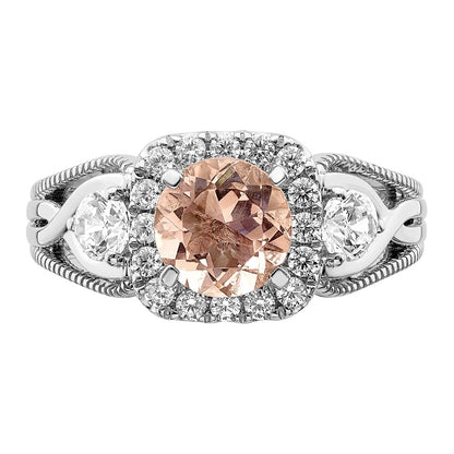 Solid 14k White Gold Morganite Simulated CZ Halo Engagement Ring