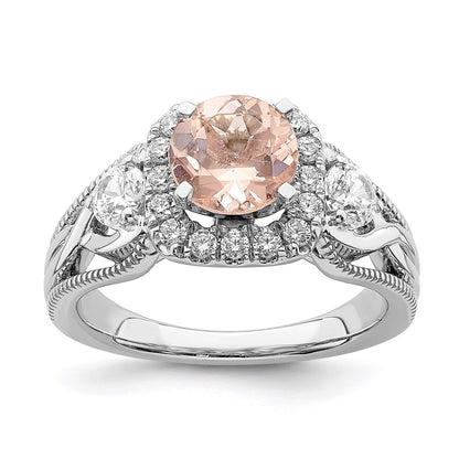Solid 14k White Gold Morganite Simulated CZ Halo Engagement Ring