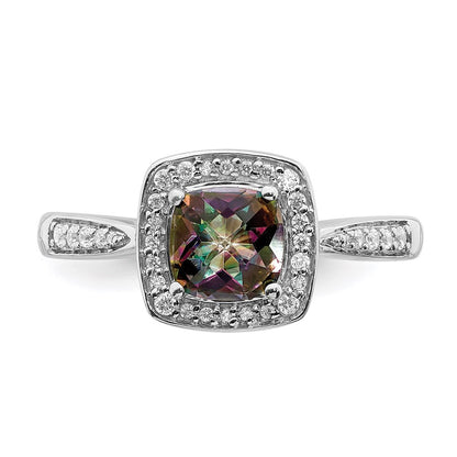 Solid 14k White Gold Mystic Fire Simulated CZ Halo Engagement Ring