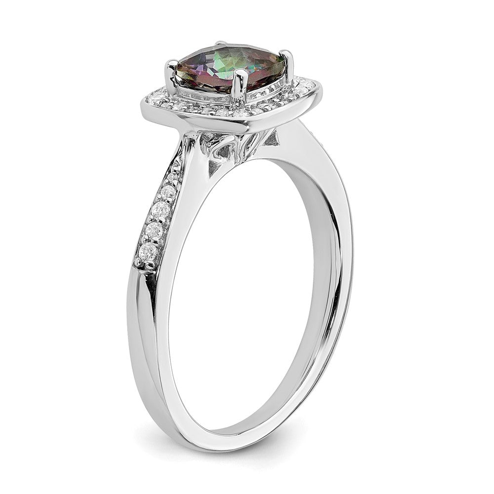 Solid 14k White Gold Mystic Fire Simulated CZ Halo Engagement Ring