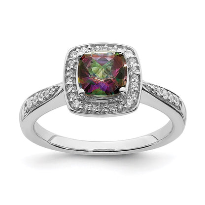 Solid 14k White Gold Mystic Fire Simulated CZ Halo Engagement Ring