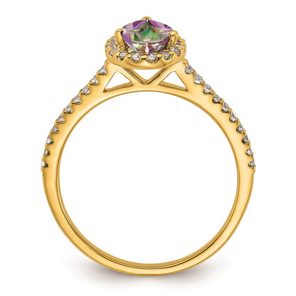 Solid 14k Yellow Gold Mystic Fire Simulated CZ Halo Complete Engagement Ring