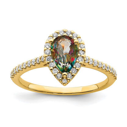 Solid 14k Yellow Gold Mystic Fire Simulated CZ Halo Complete Engagement Ring