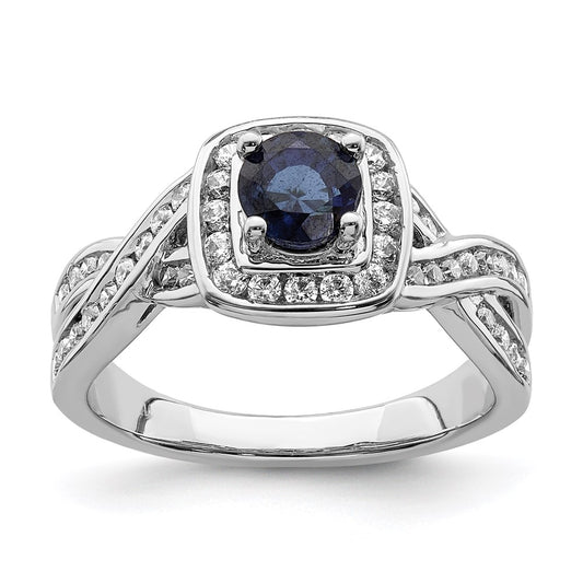 Solid 14k White Gold Simulated Sapphire CZ Halo Engagement Ring