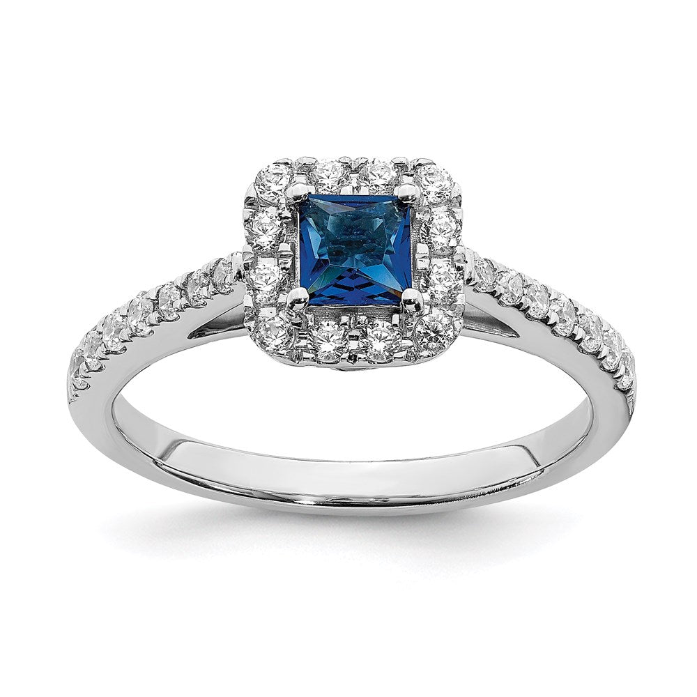 Solid 14k White Gold Simulated Sapphire CZ Halo Engagement Ring