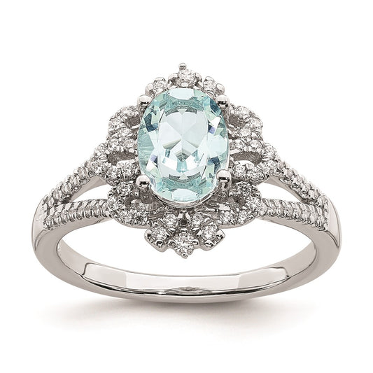 Solid 14k White Gold Simulated Aquamarine Vintage CZ Halo Complete Engagement Ring