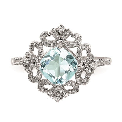 Solid 14k White Gold Simulated Aquamarine Vintage CZ Halo Complete Engagement Ring