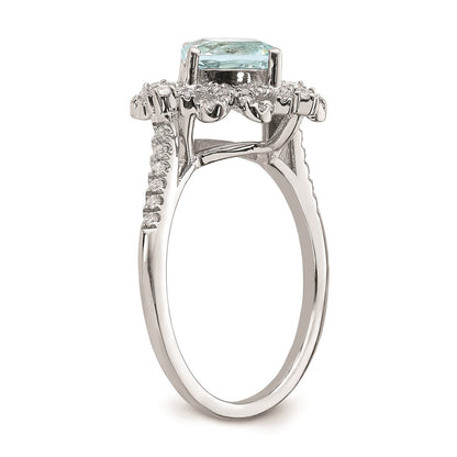 Solid 14k White Gold Simulated Aquamarine Vintage CZ Halo Complete Engagement Ring