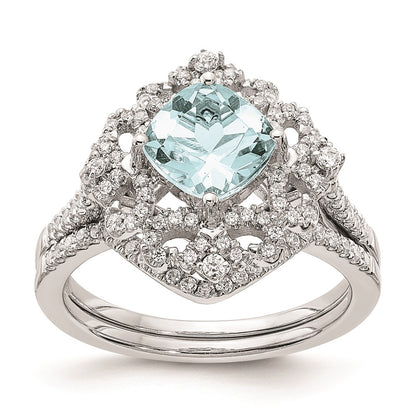 Solid 14k White Gold Simulated Aquamarine Vintage CZ Halo Complete Engagement Ring