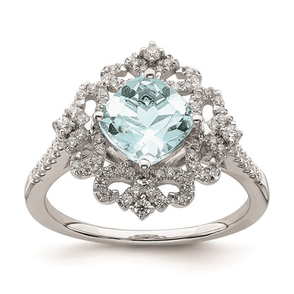 Solid 14k White Gold Simulated Aquamarine Vintage CZ Halo Complete Engagement Ring
