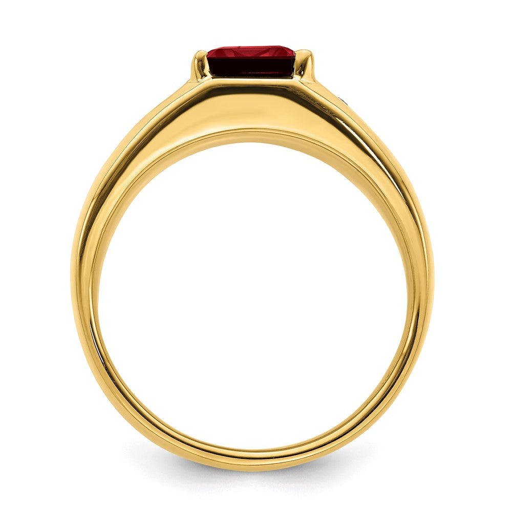 14K Yellow Gold Emerald-cut Created Ruby and Real Diamond Polished Mens Ring