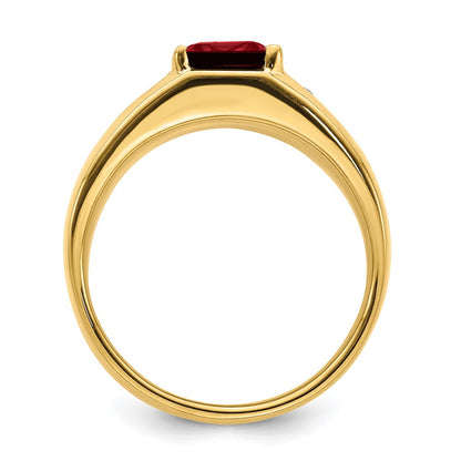 14K Yellow Gold Emerald-cut Created Ruby and Real Diamond Polished Mens Ring