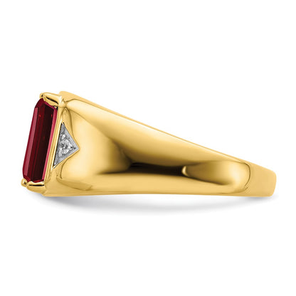 14K Yellow Gold Emerald-cut Created Ruby and Real Diamond Polished Mens Ring