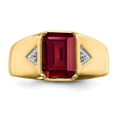 14K Yellow Gold Emerald-cut Created Ruby and Real Diamond Polished Mens Ring