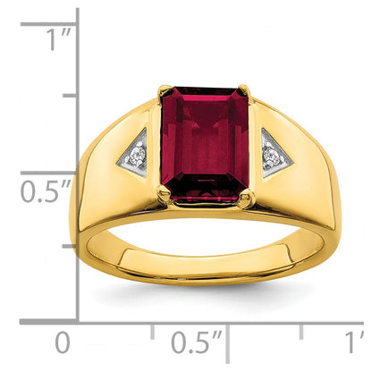 14K Yellow Gold Emerald-cut Created Ruby and Real Diamond Polished Mens Ring