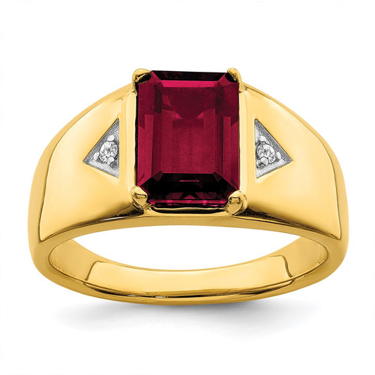 14K Yellow Gold Emerald-cut Created Ruby and Real Diamond Polished Mens Ring