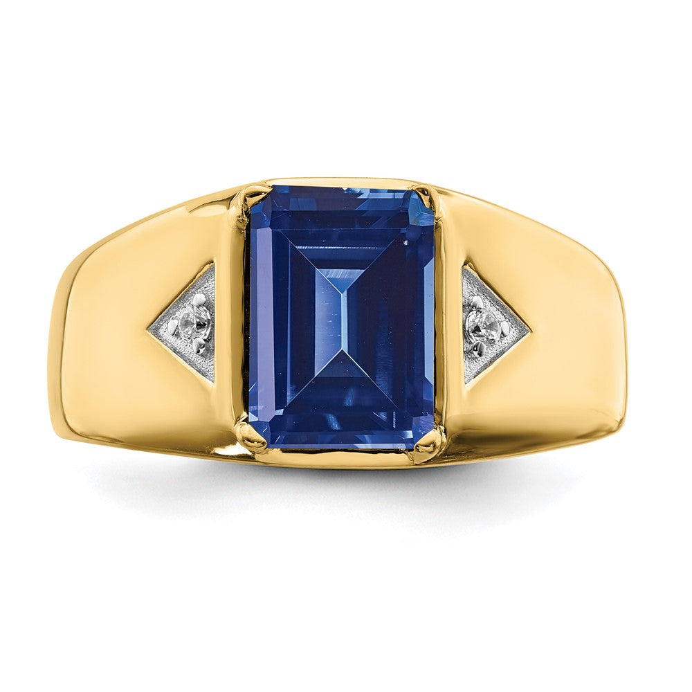 14K Yellow Gold Emerald-cut Created Sapphire and Real Diamond Polished Mens Ring