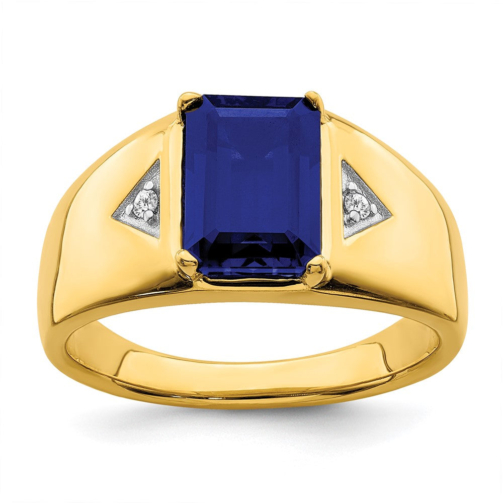 14K Yellow Gold Emerald-cut Created Sapphire and Real Diamond Polished Mens Ring