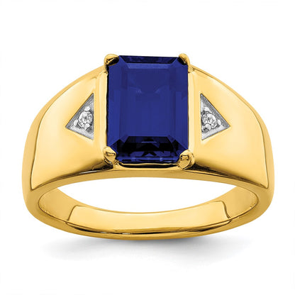14K Yellow Gold Emerald-cut Created Sapphire and Real Diamond Polished Mens Ring