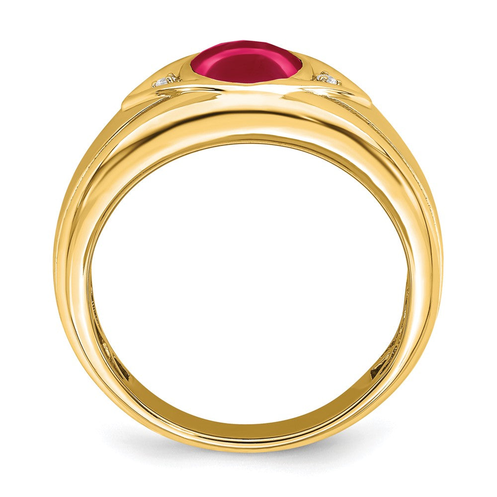 14K Yellow Gold Created Ruby and Real Diamond Mens Ring
