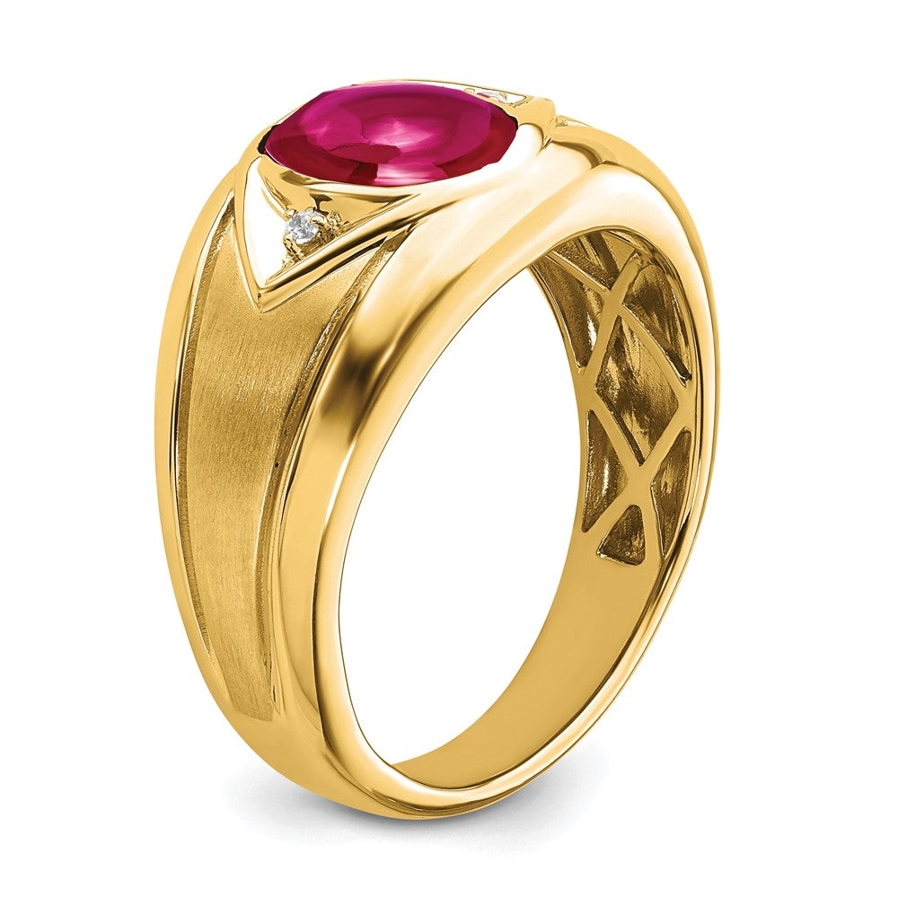 14K Yellow Gold Created Ruby and Real Diamond Mens Ring