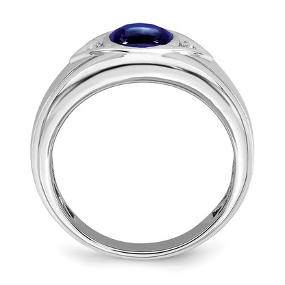 14k White Gold Created Sapphire and Real Diamond Mens Ring