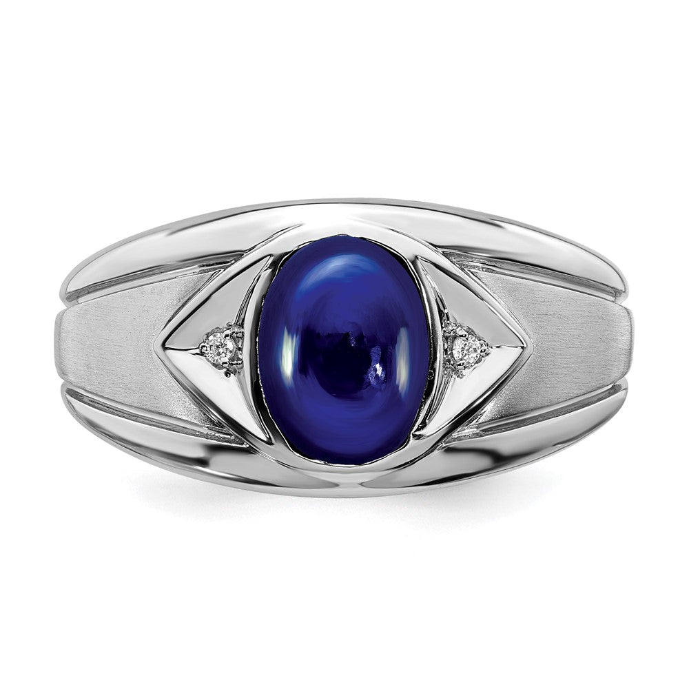 14k White Gold Created Sapphire and Real Diamond Mens Ring