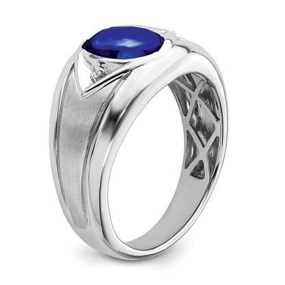 14k White Gold Created Sapphire and Real Diamond Mens Ring