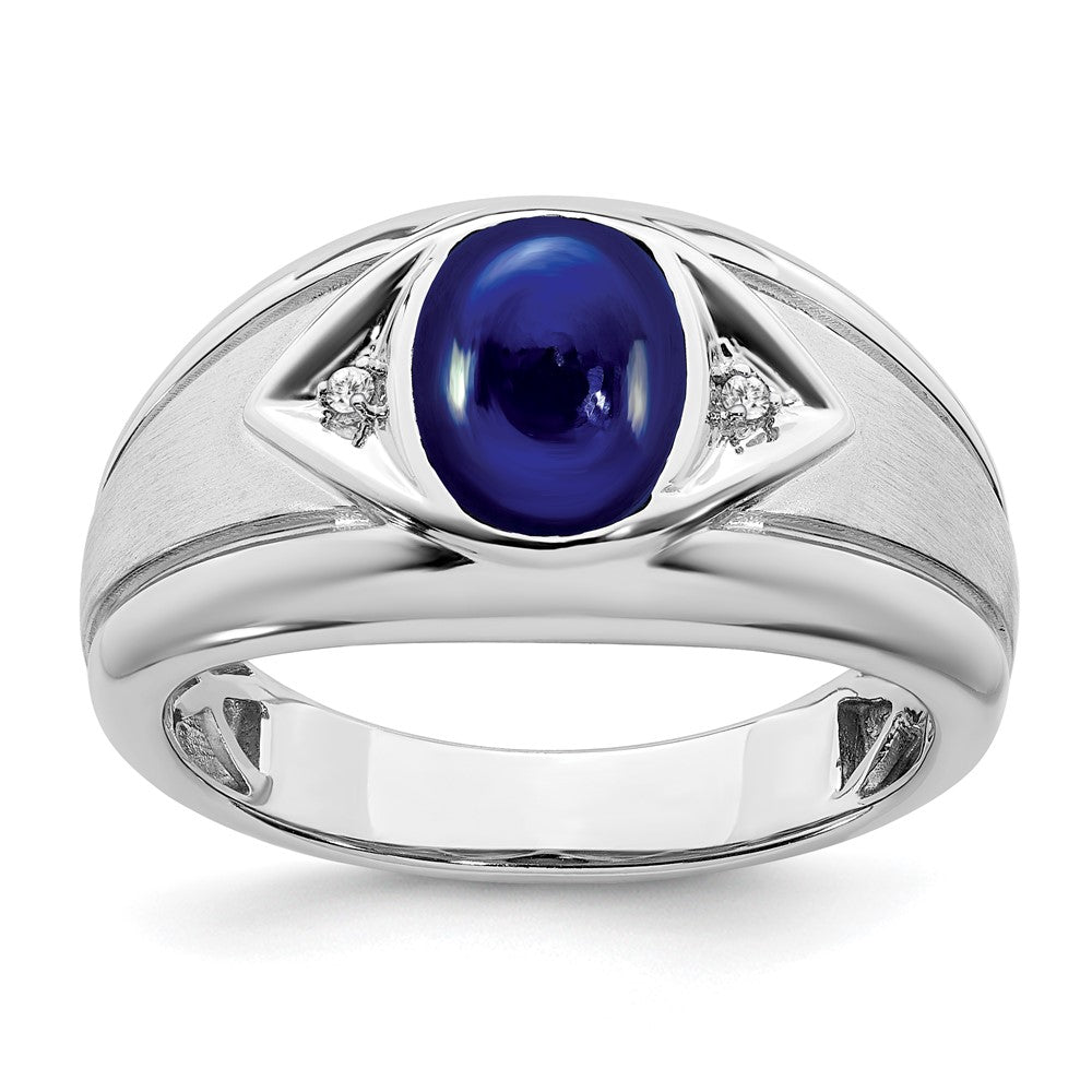 14k White Gold Created Sapphire and Real Diamond Mens Ring