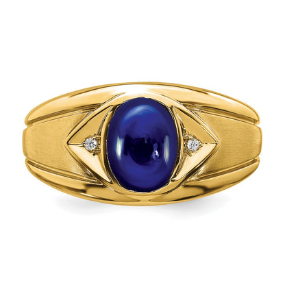 14K Yellow Gold Created Sapphire and Real Diamond Mens Ring