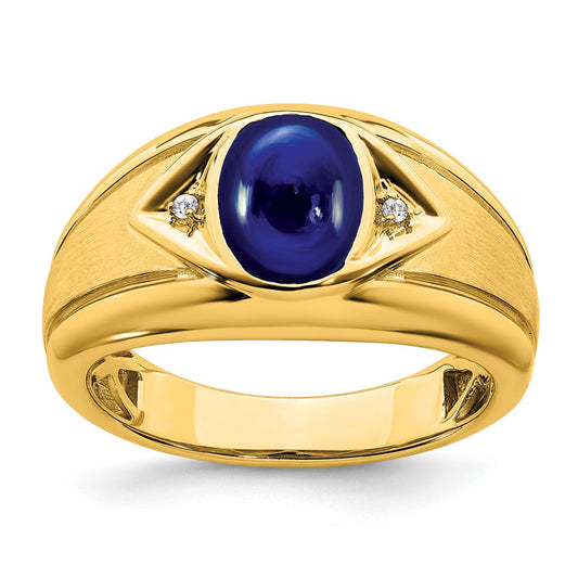 14K Yellow Gold Created Sapphire and Real Diamond Mens Ring