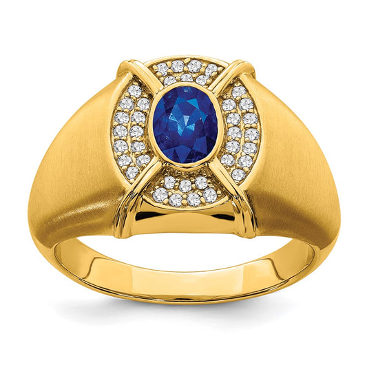 14K Yellow Gold Sapphire and Real Diamond Mens Ring