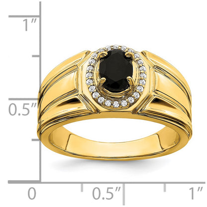 14K Yellow Gold Onyx and Real Diamond Mens Ring