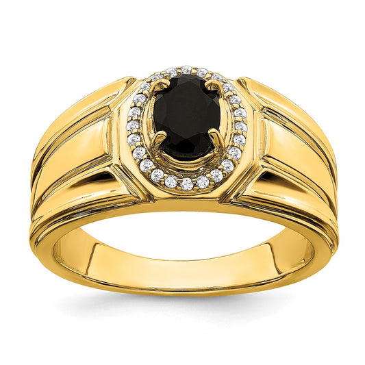 14K Yellow Gold Onyx and Real Diamond Mens Ring