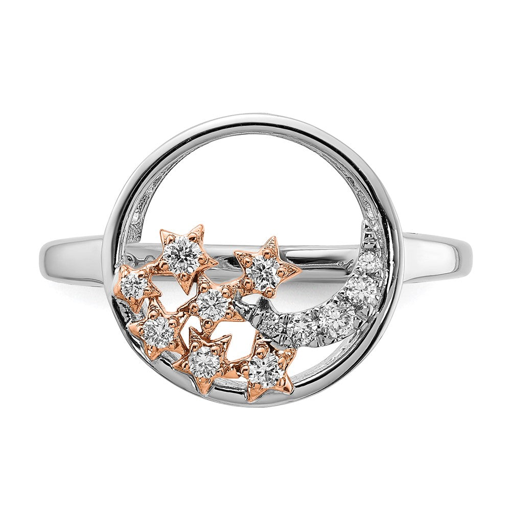 Solid 14k Two-tone White and Rose Gold Moon Stars Circle Simulated CZ Ring