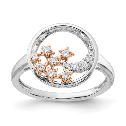 Solid 14k Two-tone White and Rose Gold Moon Stars Circle Simulated CZ Ring