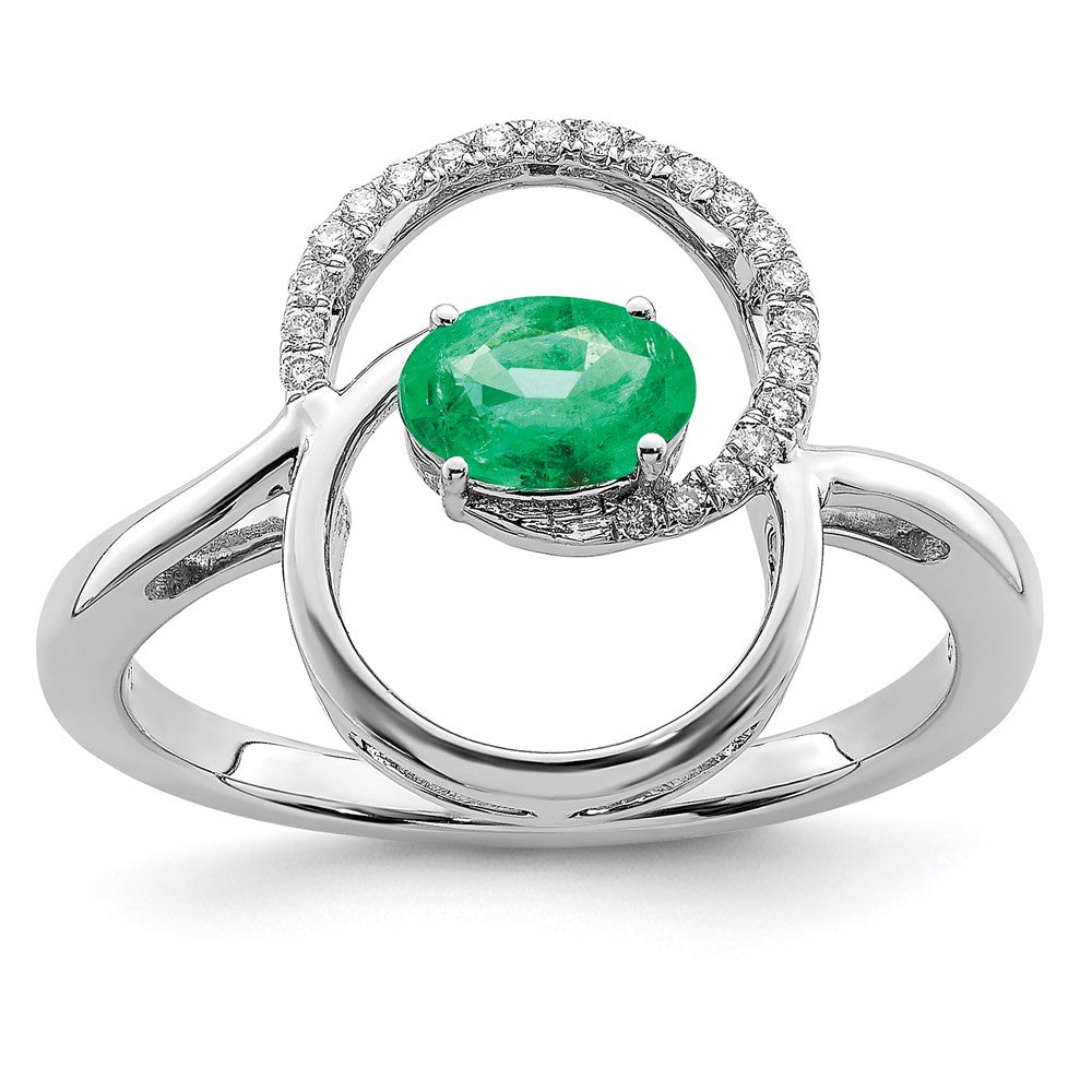 14k White Gold Double Circle Emerald Real Diamond Ring