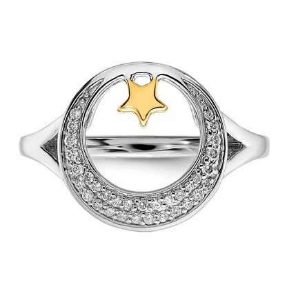 14k Two-Tone Gold Polished Moon and Star Real Diamond Ring