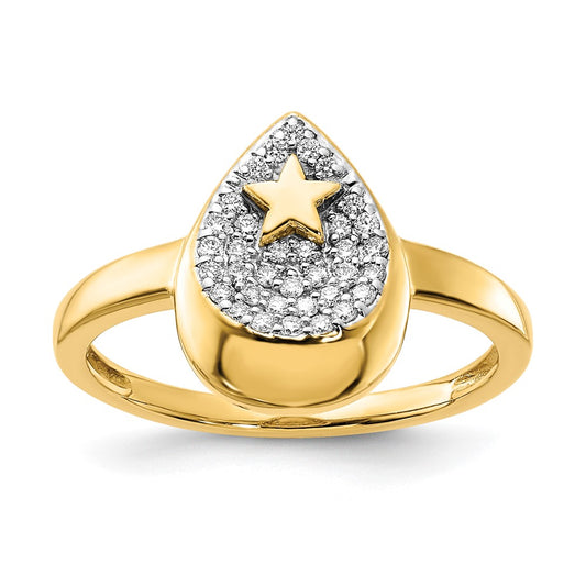 14K Yellow Gold Polished Teardrop w/Star Real Diamond Ring