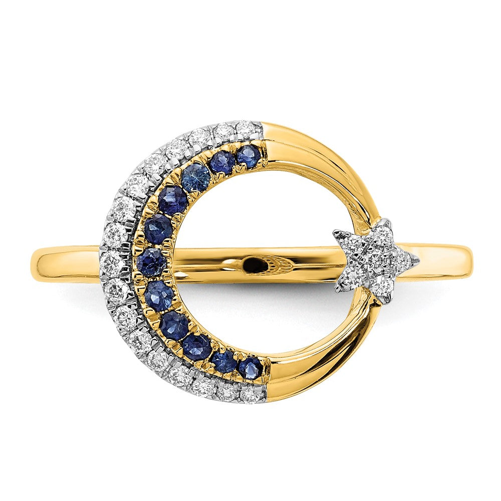 14K Yellow Gold Polished Sapphire and Real Diamond Moon w/Star Ring