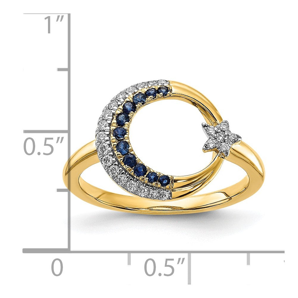 14K Yellow Gold Polished Sapphire and Real Diamond Moon w/Star Ring