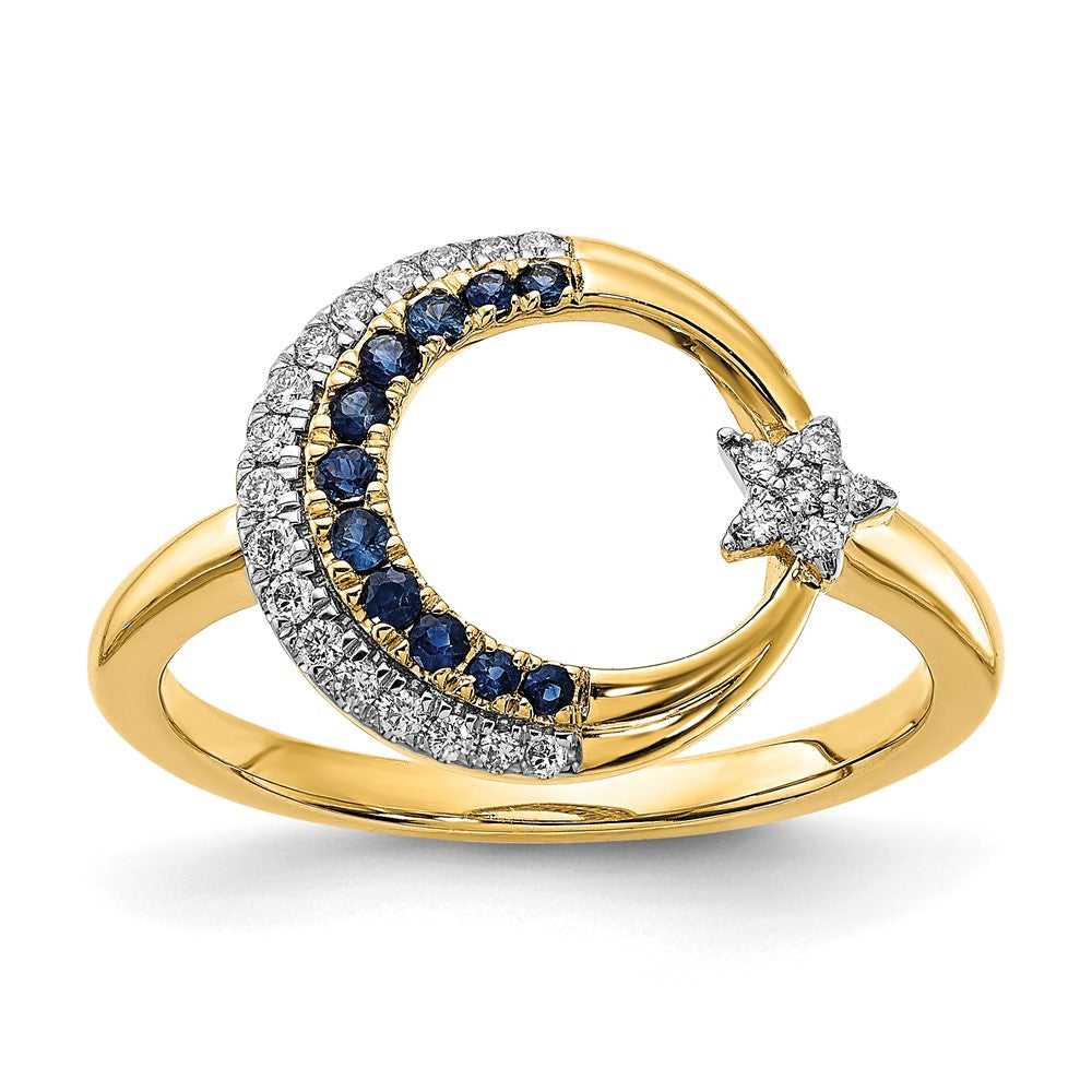 14K Yellow Gold Polished Sapphire and Real Diamond Moon w/Star Ring