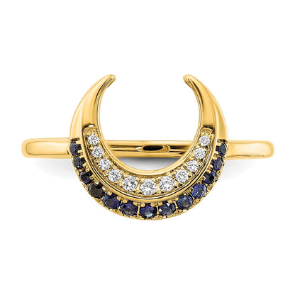 14K Yellow Gold Polished Sapphire and Real Diamond Moon Ring