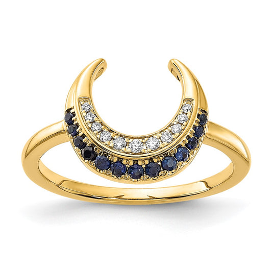 14K Yellow Gold Polished Sapphire and Real Diamond Moon Ring
