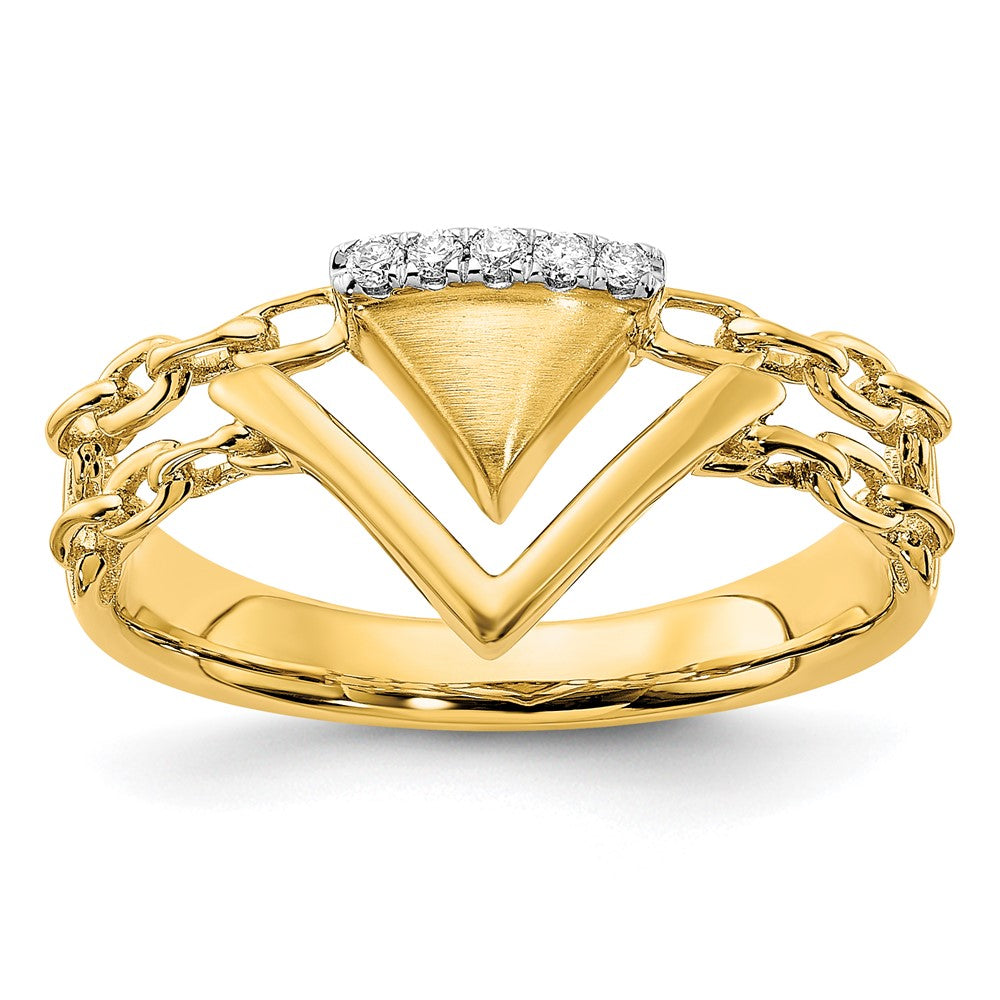 14K Yellow Gold Satin/Polished Real Diamond Double Triangle Chain Accent Ring